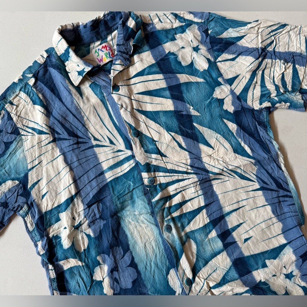 Vintage Jams World Men’s Veranda Hawaiian Shirt Art Palms Abstract Blue White